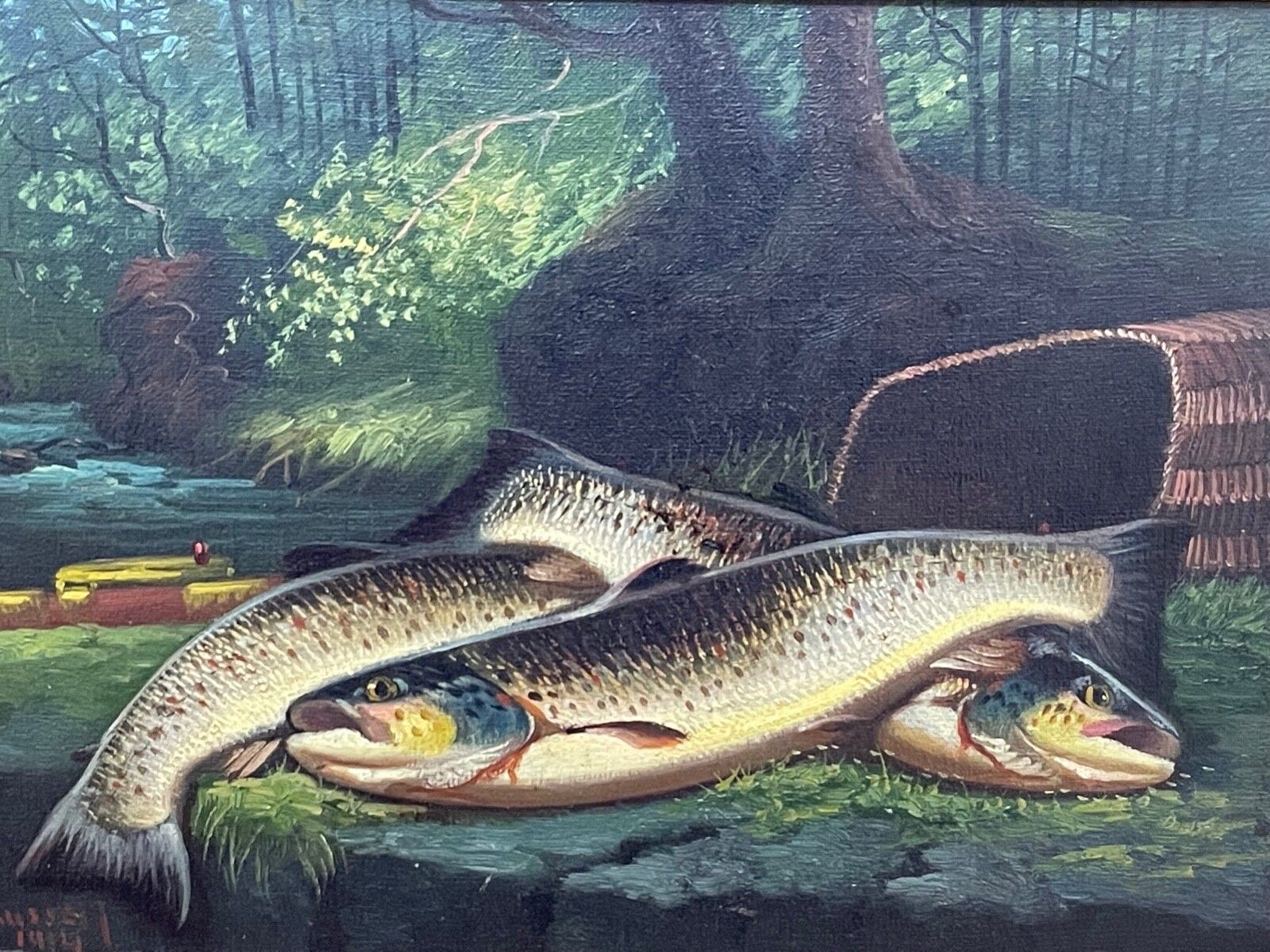 Schots sportstilleven in olieverf, begin 20e eeuw "Burn Trout" gesigneerd door James B. Russell photo for sale