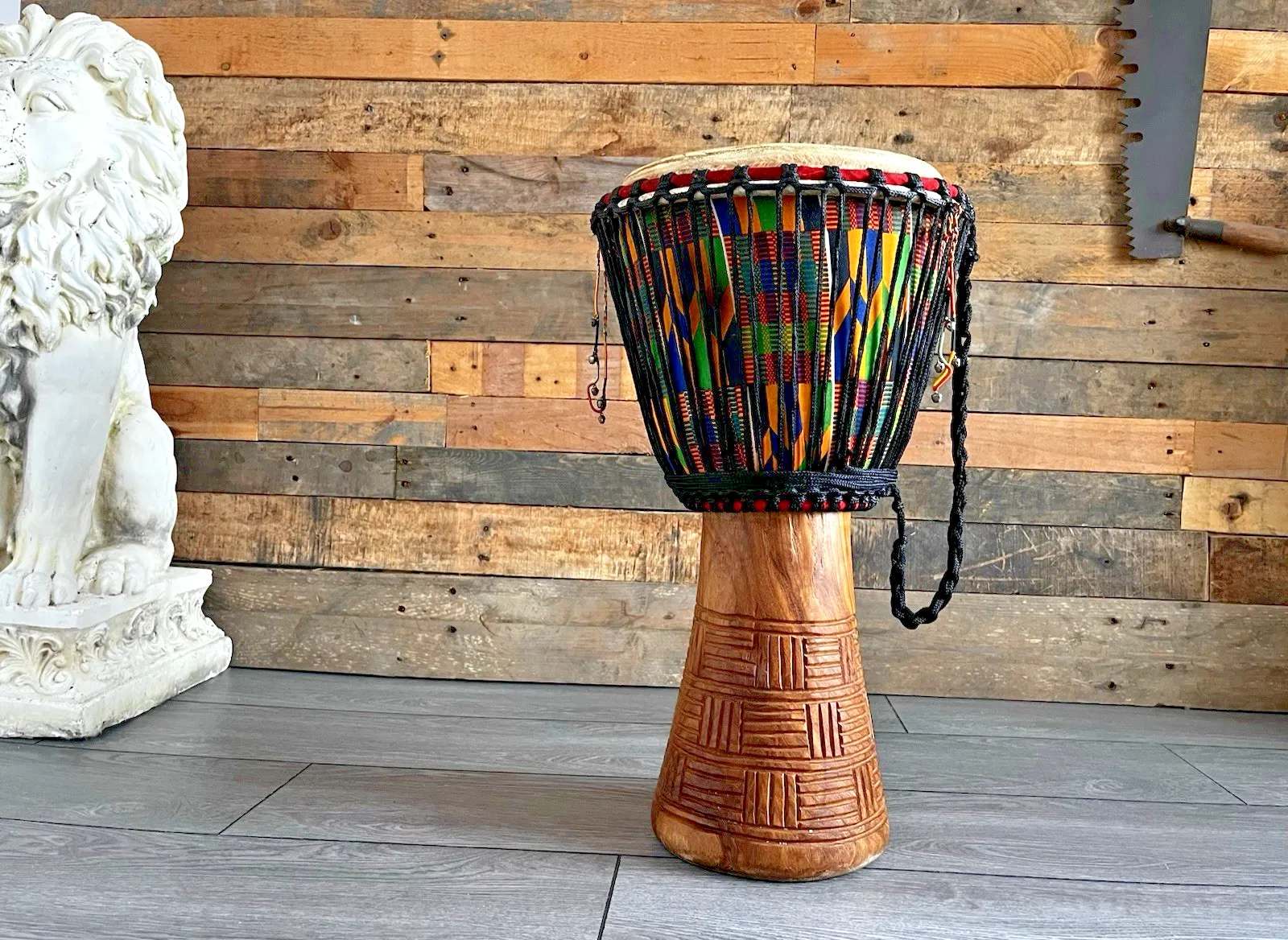 Large 22” Vintage African Djembe Drum Carved Wood Kente Rope Tuned Percussion photo furniture