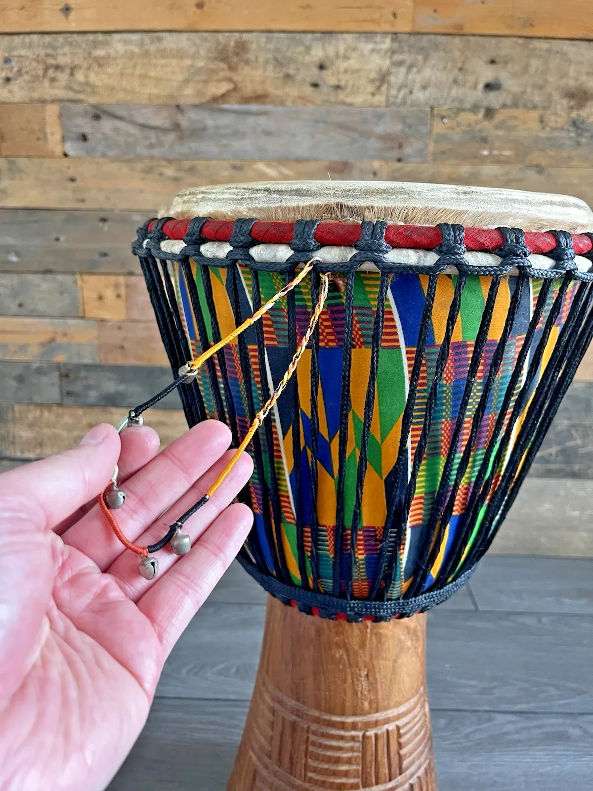 Home Decor Large 22” Vintage African Djembe Drum Carved Wood Kente Rope Tuned Percussion photo