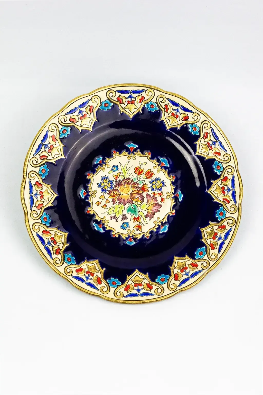 "Renaissance" Plate, Polychrome Floral Decoration On A Sèvres Blue Ground, Highlighted In Gold, Design By Mp Chevallier photo 180.0