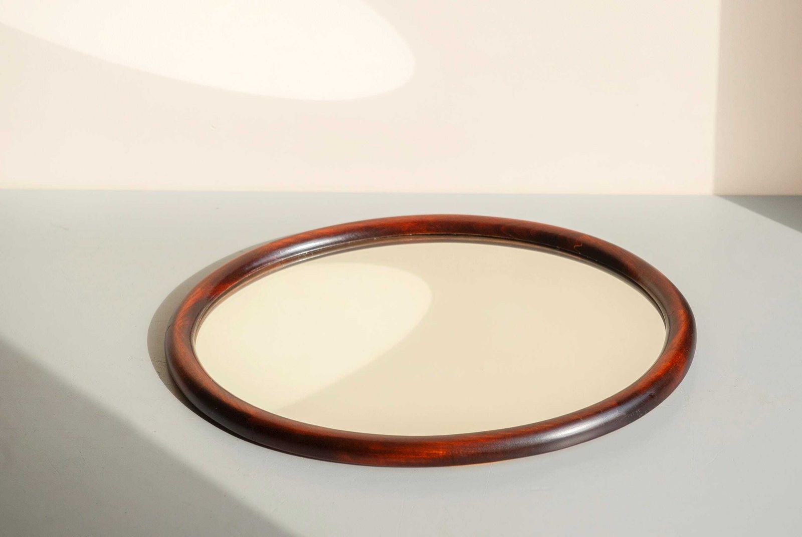 Vintage Mahogany Oval Wall Mirror   Small Wooden Dutch Mirror   Mid Century Hallway Mirror photo for sale
