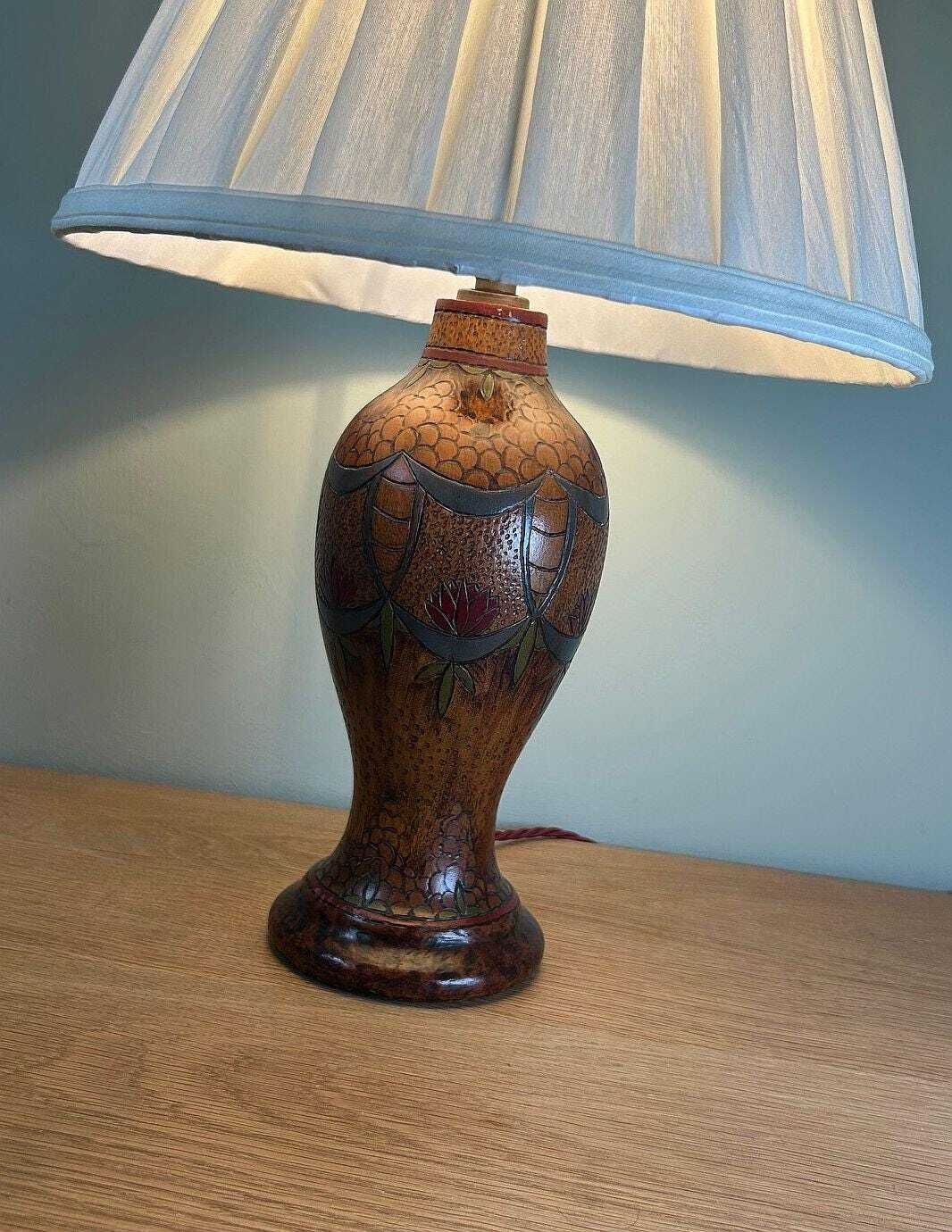 Vintage Art Deco Turned Wooden Table Lamp Base Hand Painted Pokerwork C1930s