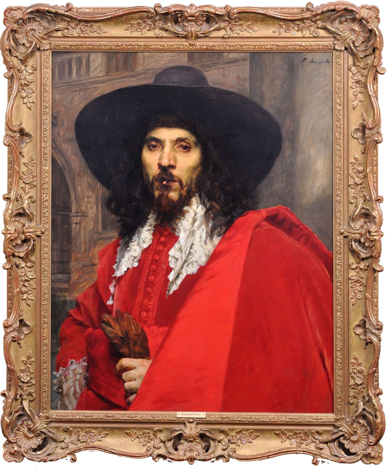 Ferdinand Victor Leon Roybet 1840 tot 1920. Frans. Le Mousquetaire. De Musketier. Ingelijst cavalierportret, olieverfschilderij, ca. 1880.