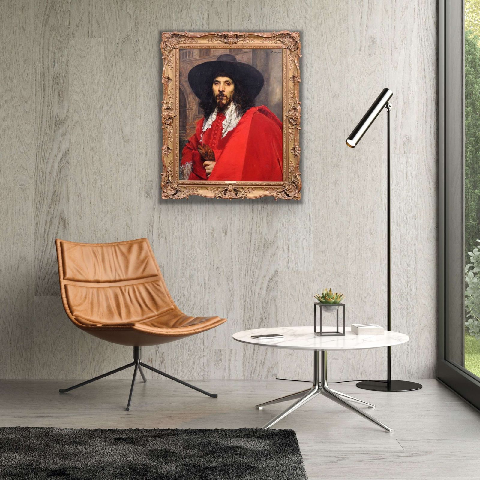 photo furniture Ferdinand Victor Leon Roybet 1840 tot 1920. Frans. Le Mousquetaire. De Musketier. Ingelijst cavalierportret, olieverfschilderij, ca. 1880.