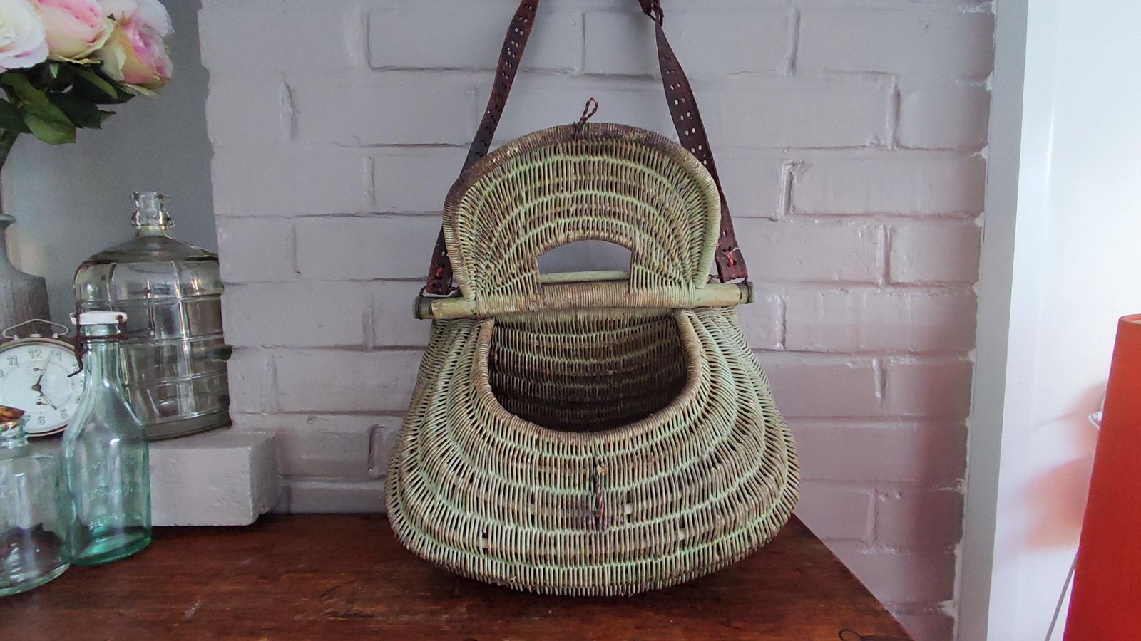 Antique French Fishing Basket Rustic Wicker Creel And Leather Strap photo vintage