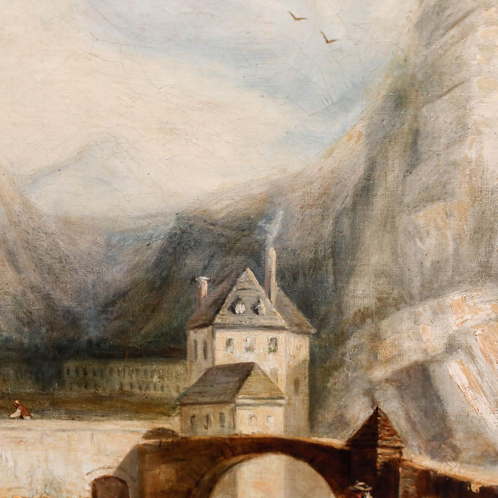 Framed 19th Century Oil Tyrol Valley Landscape With Figures photo vintage