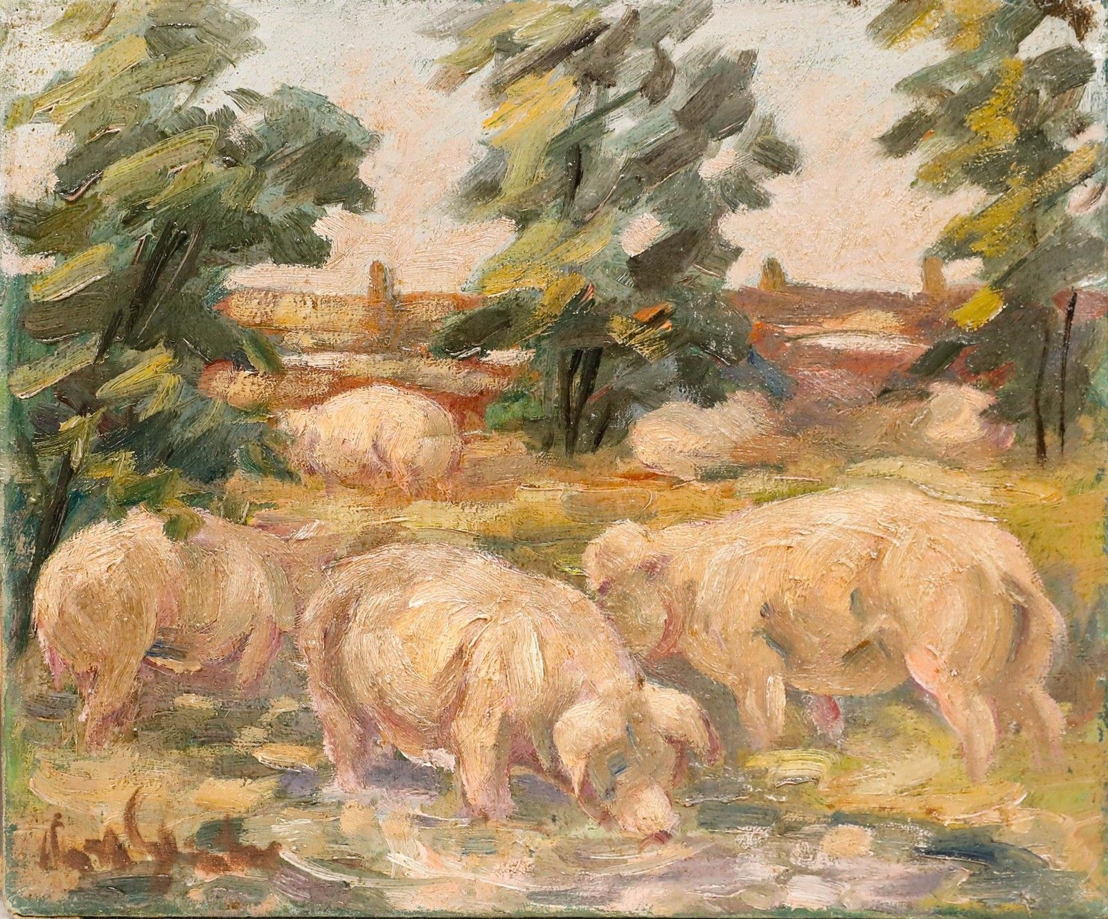 Kurt Glauber (1886 1963) Mid 20th Century Oil, Pigs Rooting photo furniture
