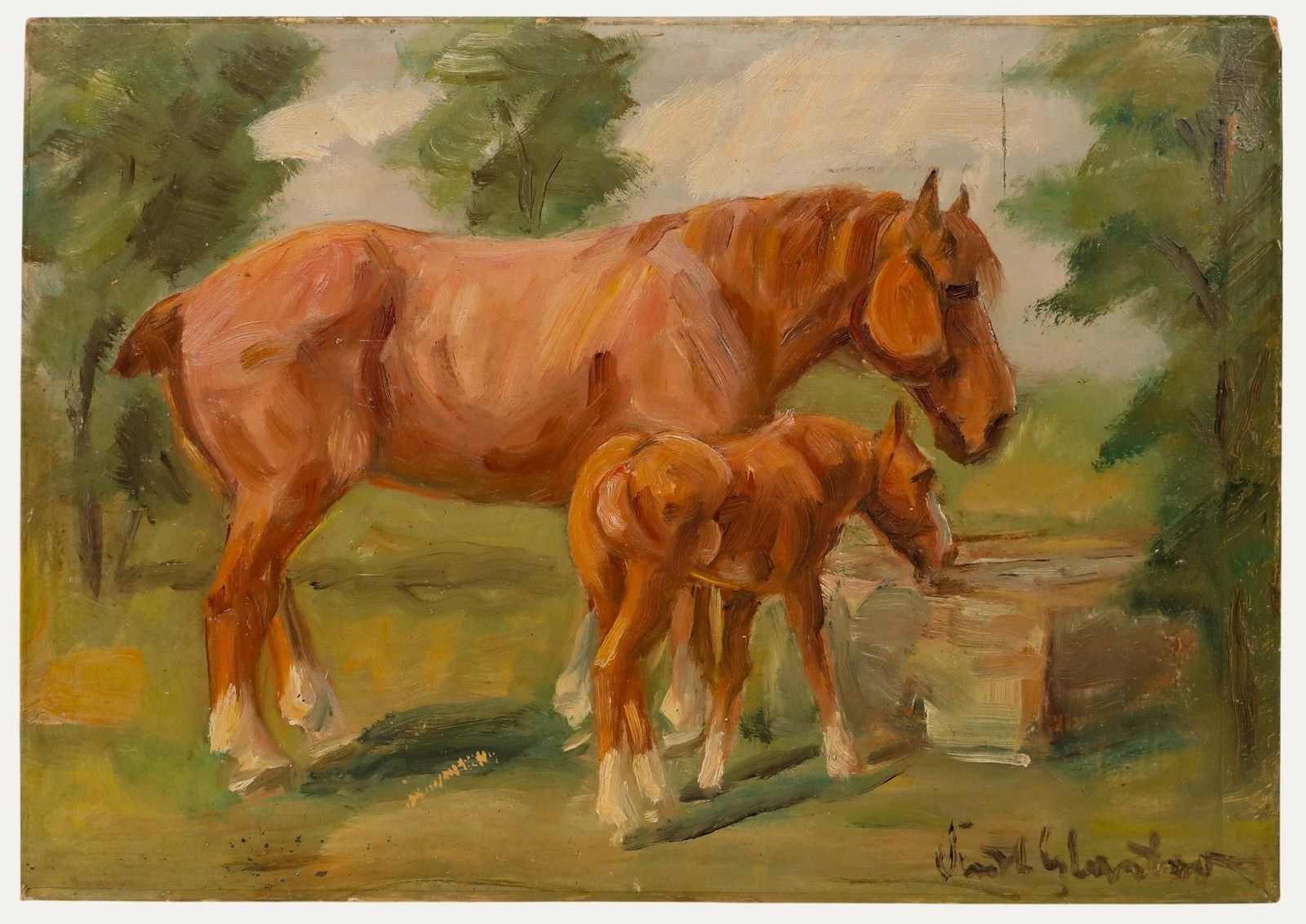 Kurt Glauber (1886 1963) Mid 20th Century Oil, Horses Watering