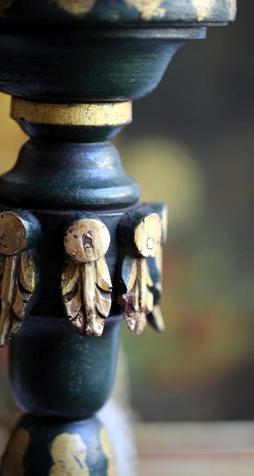 Antique Pedestal Green And Gold Painted Column Wooden Statue Stand photo vinterior