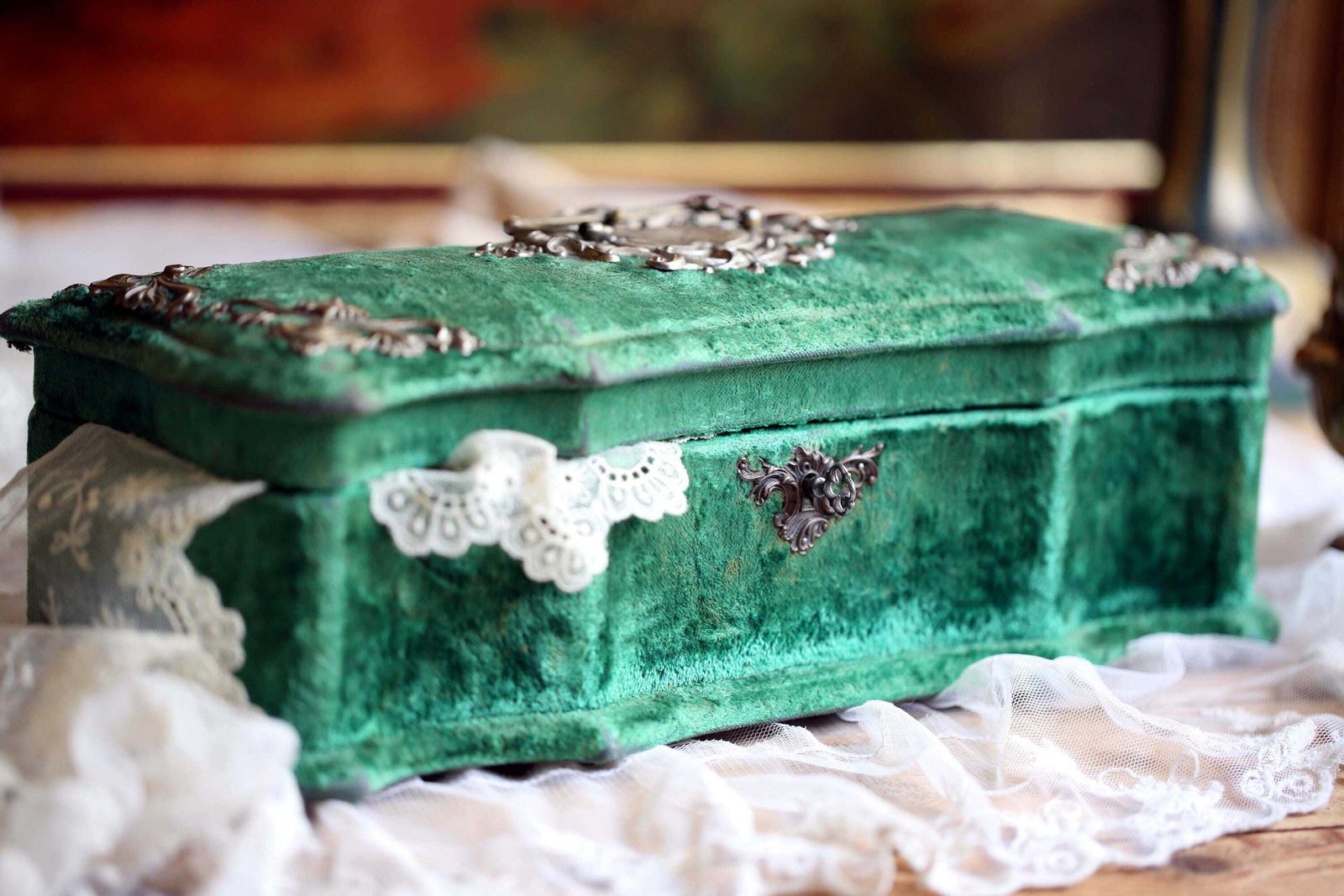 Antique French Green Velvet Jewellery Box Rococo Trinket Casket photo for sale