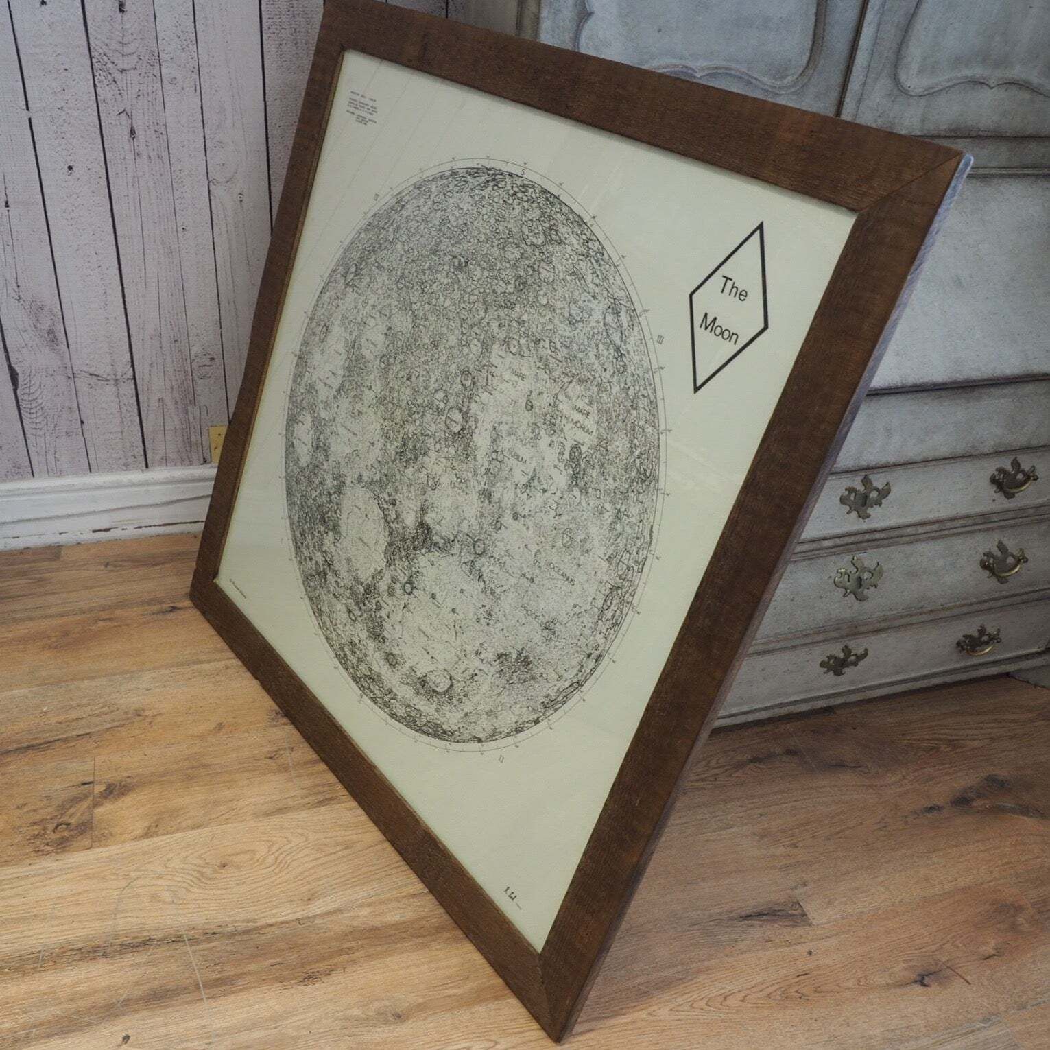 Large Lunar Surface Map Print – 19th Century Moon Artwork With Handmade Wooden Frame photo Art