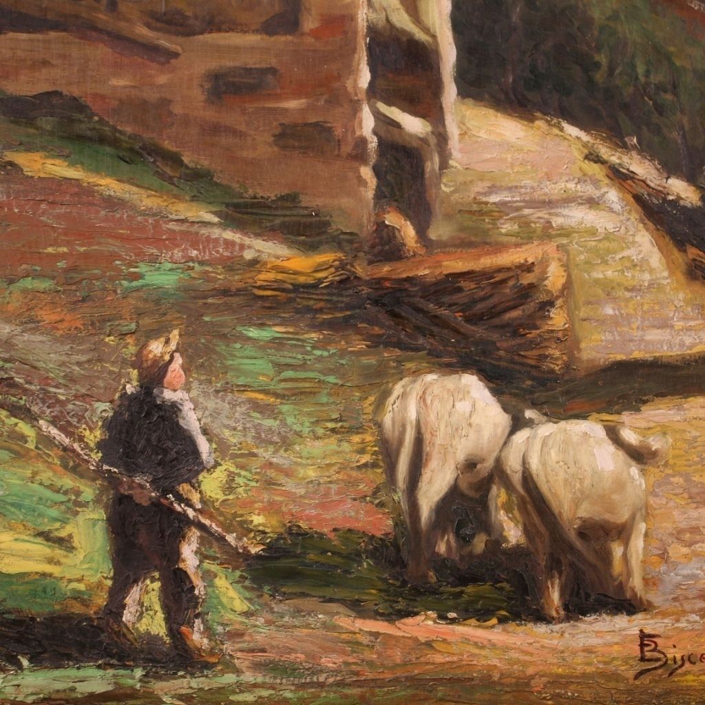 Peinture de paysage bucolique signée, années 1950 photo for sale