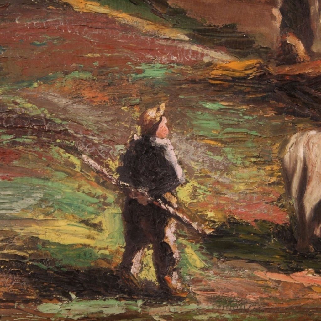 photo for sale Peinture de paysage bucolique signée, années 1950