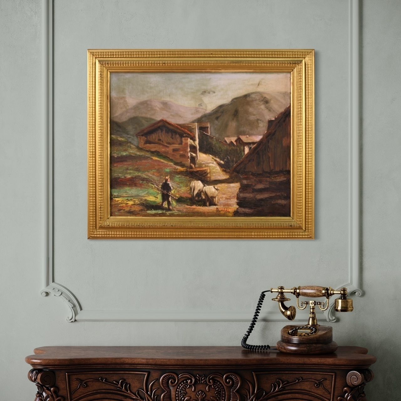 photo buy Peinture de paysage bucolique signée, années 1950