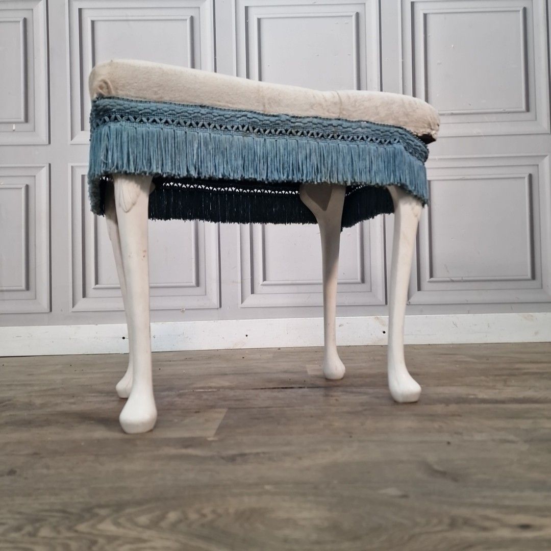 Vintage Upholstered Footstool Cabriole Legs Tufted Seat Fringe Trim  For Upcycle photo Furniture