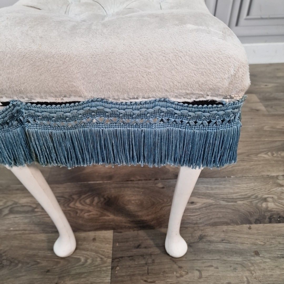 photo buy Vintage Upholstered Footstool Cabriole Legs Tufted Seat Fringe Trim  For Upcycle