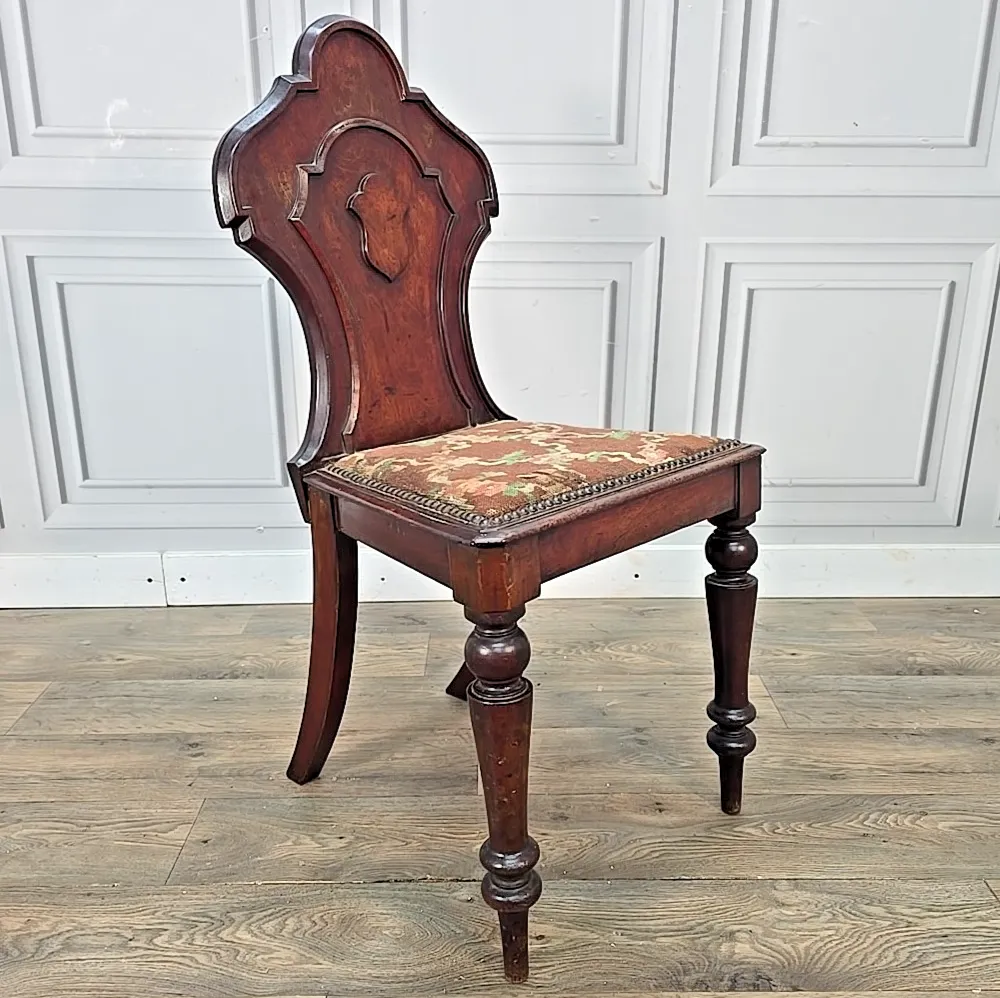 Antique Victorian Hall Chair Carved Walnut Needlepoint Seat Wooden Vintage