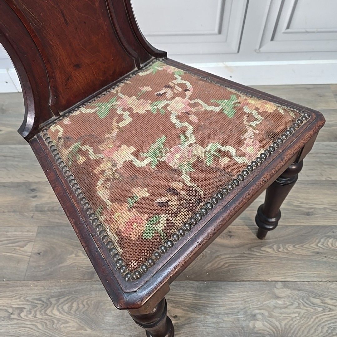 Antique Victorian Hall Chair Carved Walnut Needlepoint Seat Wooden Vintage photo Furniture