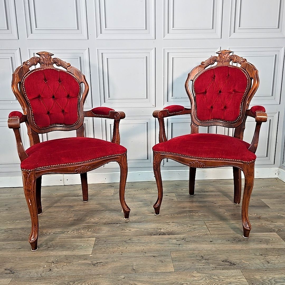Victorian Style French Armchairs Pair Red Upholstered Carved Wooden Seats Chairs