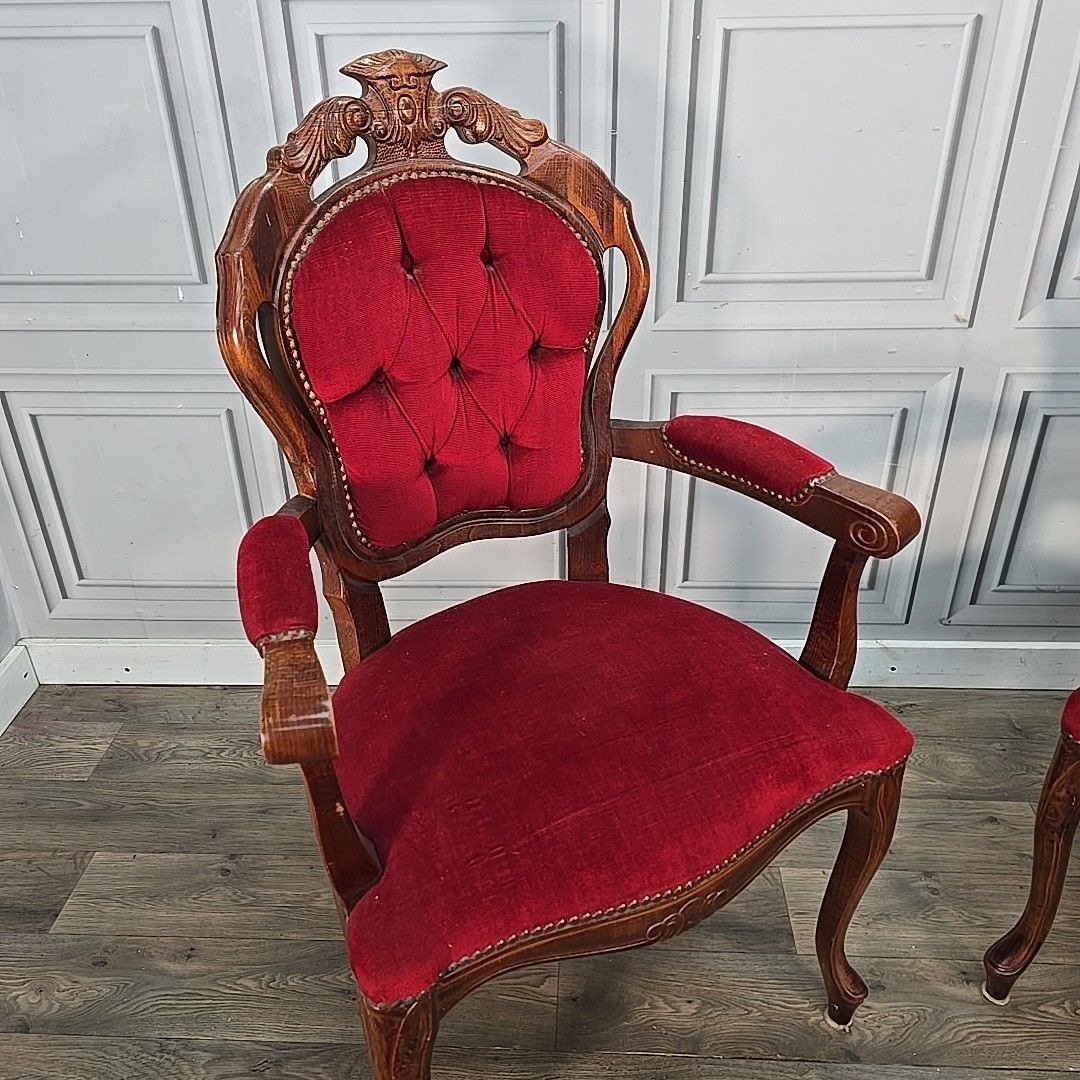 Victorian Style French Armchairs Pair Red Upholstered Carved Wooden Seats Chairs photo for sale