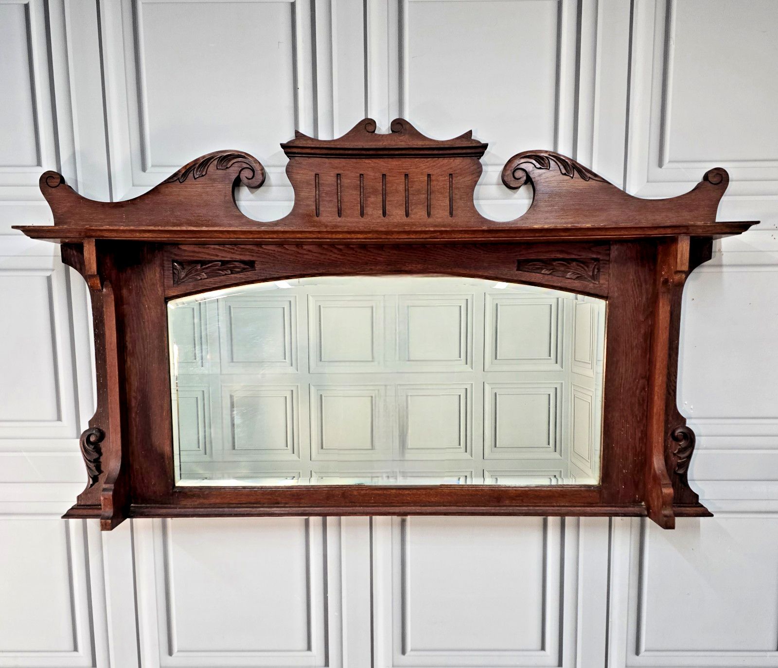 Antique Overmantle Wall Mirror Wooden Oak Arts & Crafts Mantel Carved Large