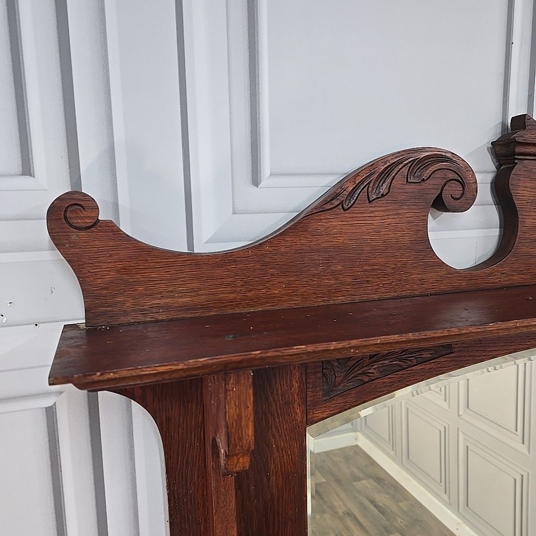Antique Overmantle Wall Mirror Wooden Oak Arts & Crafts Mantel Carved Large photo 230.0