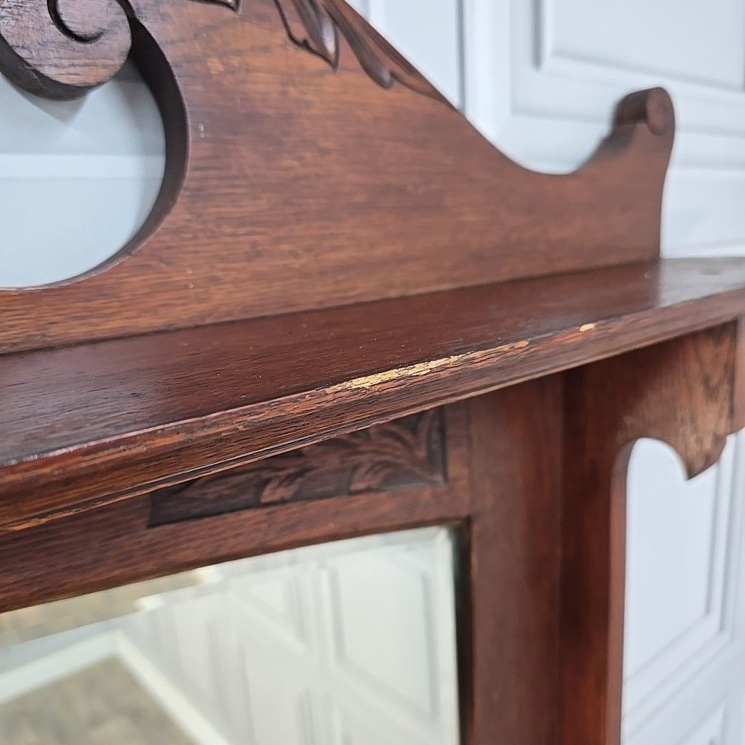 photo for sale Antique Overmantle Wall Mirror Wooden Oak Arts & Crafts Mantel Carved Large