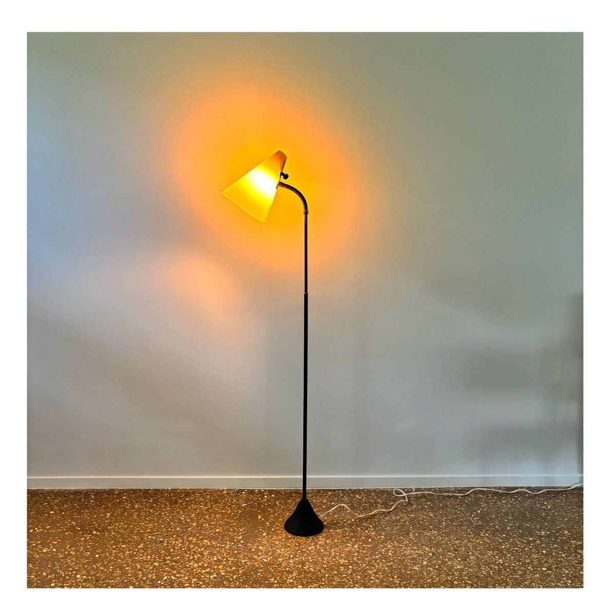 Mid Century Floor Lamp In Black Metal And Brass With Yellow Shade, Sweden, 1950s photo for sale