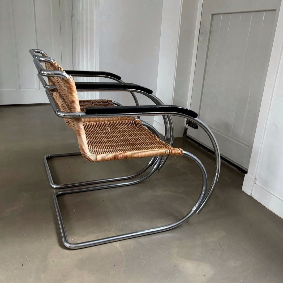 Rattan And Chromed Tubular Metal Lounge Chairs By Ludwig Mies Van Der Rohe, Set Of 2 photo for sale