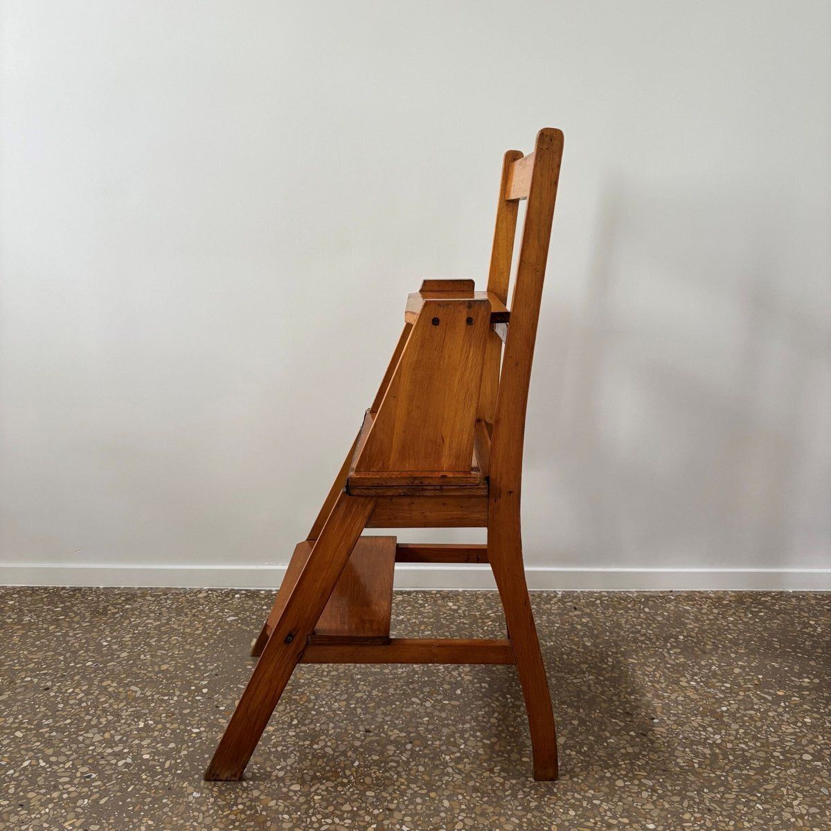 Oak Wooden Library Ladder And Chair, Netherlands, 1930s photo vinterior
