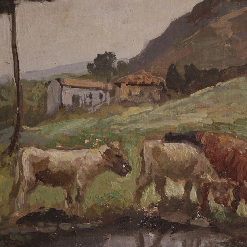 photo for sale Peinture de paysage bucolique signée Giron, début du XXe siècle