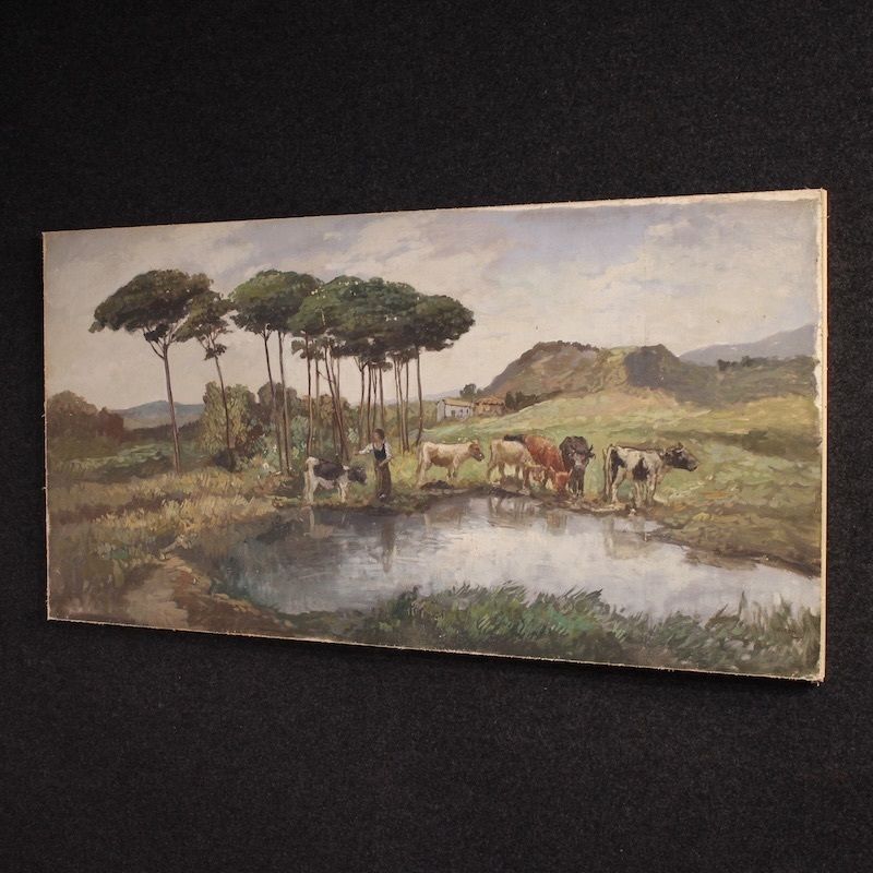photo vinterior Bucolic Landscape Painting Signed Giron From 20th Century