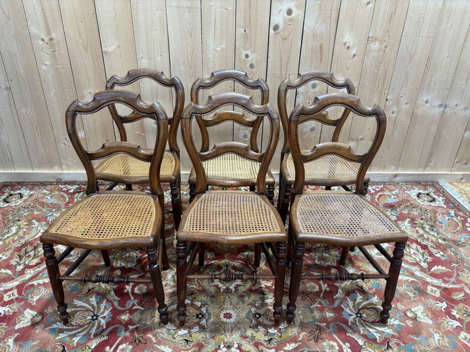 Set Of 6 Louis Philippe Caned Walnut Chairs, 19th Century. photo for sale
