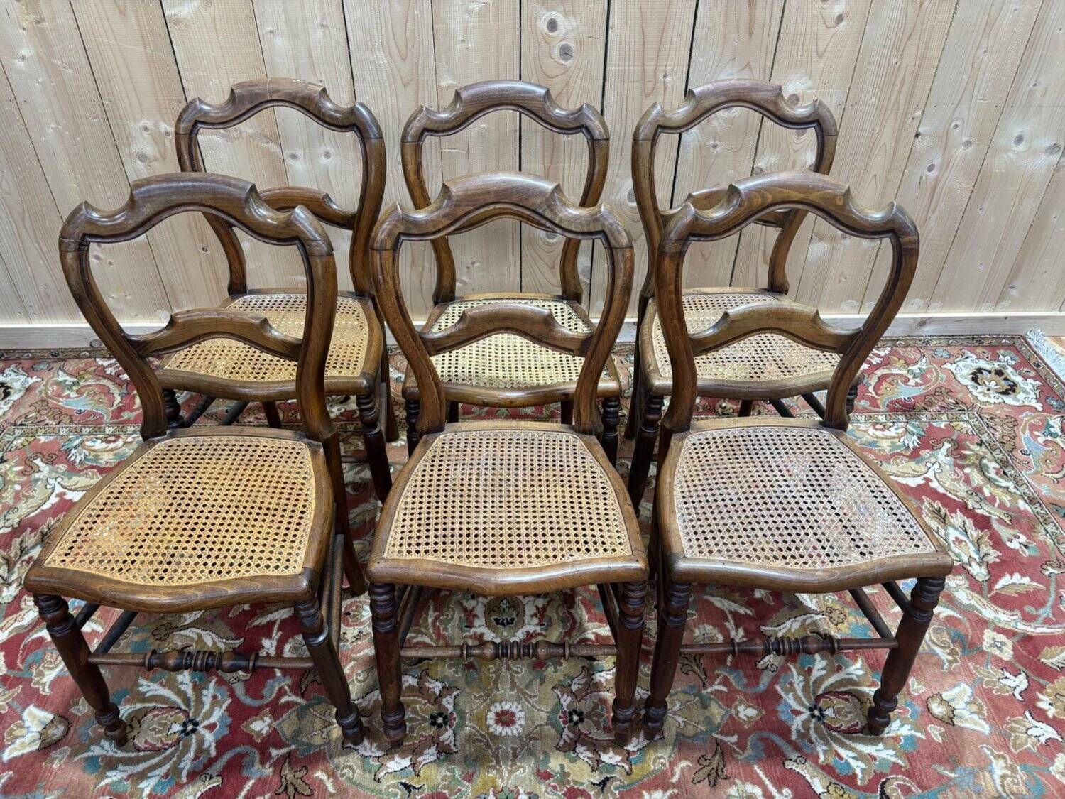 Set Of 6 Louis Philippe Caned Walnut Chairs, 19th Century. photo vinterior