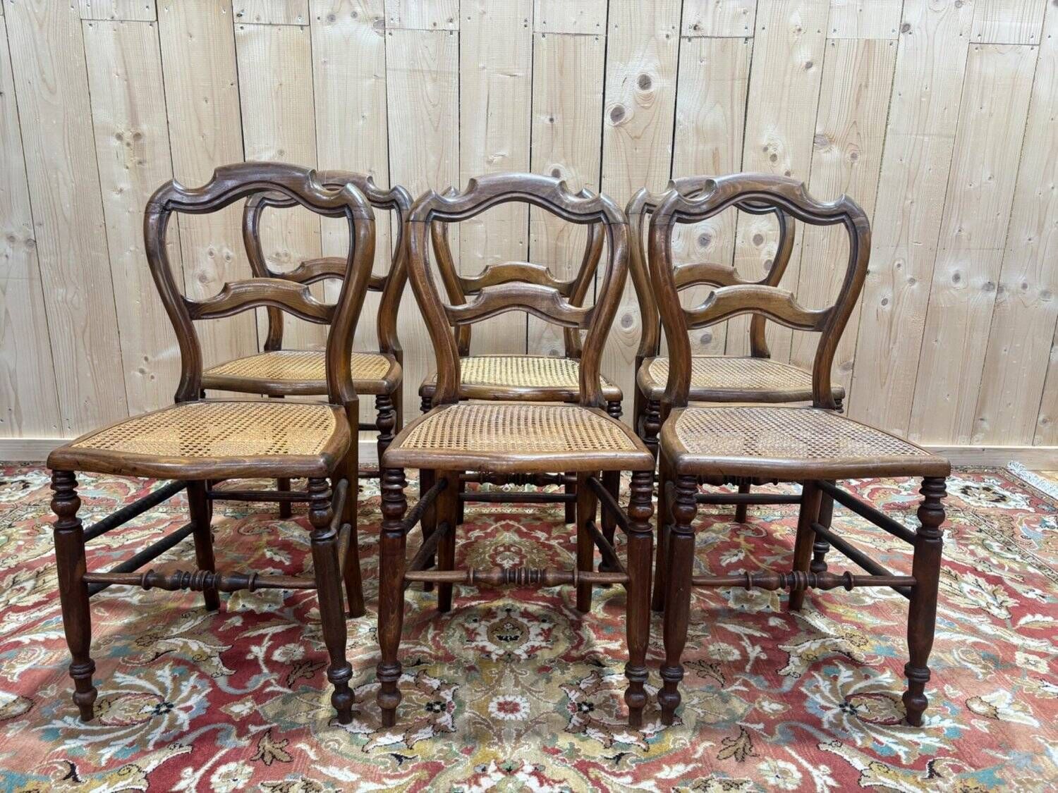 photo for sale Set Of 6 Louis Philippe Caned Walnut Chairs, 19th Century.