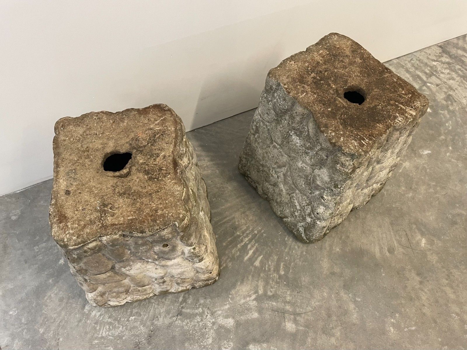 Vintage Circa 1970s Mid Century Pair Of Weathered Cast Stone Square Planter Pots photo vinterior