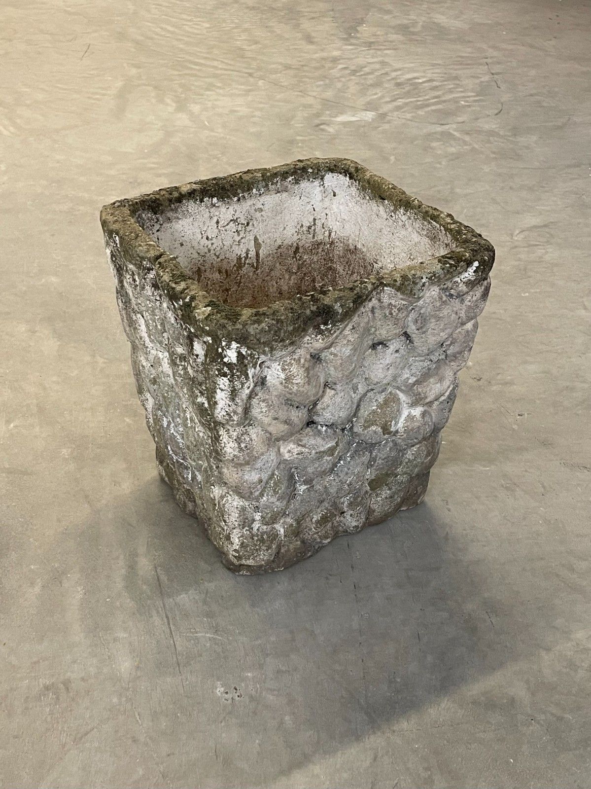photo for sale Vintage Circa 1970s Mid Century Pair Of Weathered Cast Stone Square Planter Pots