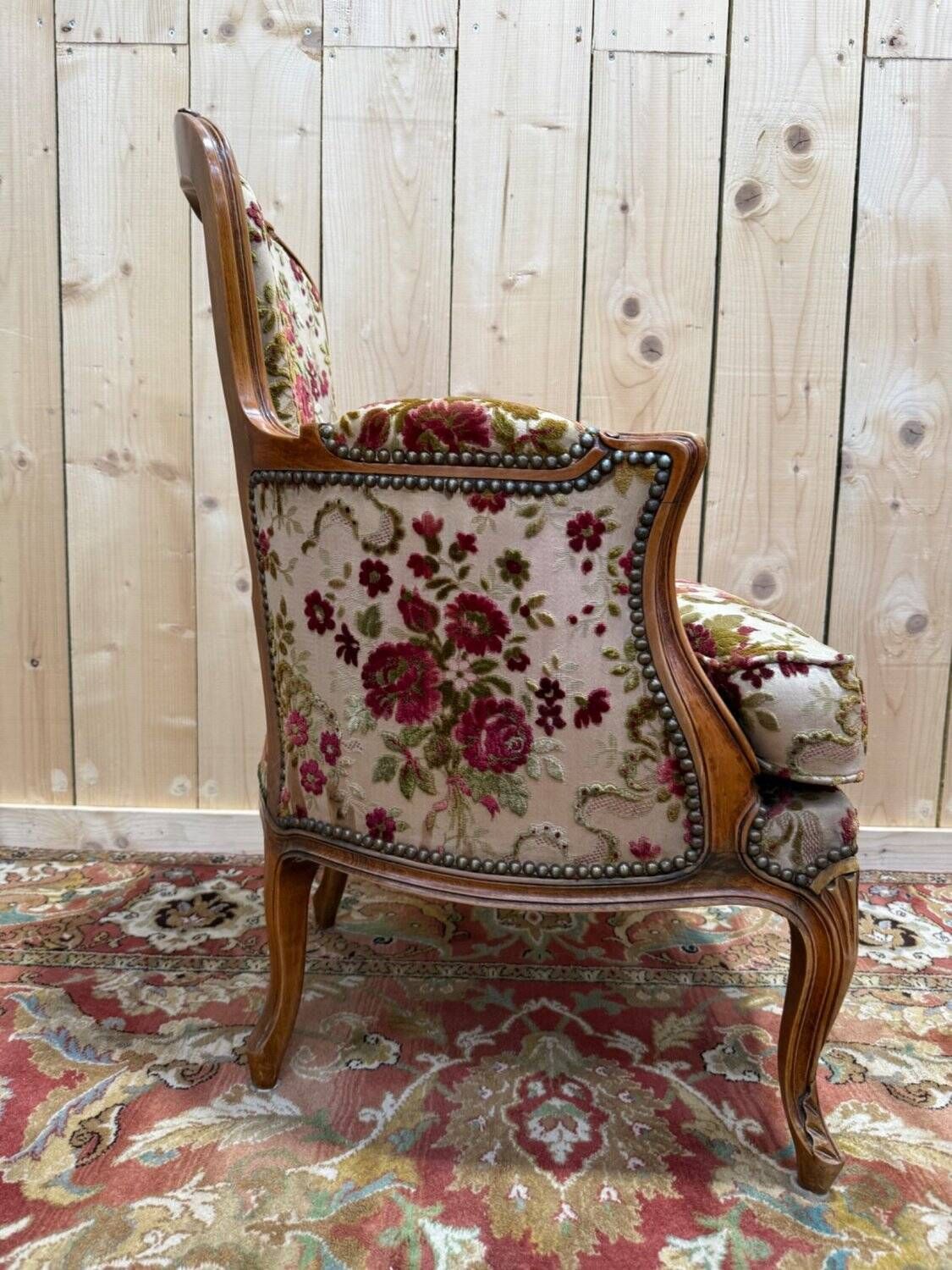 Elegant Louis XV Style Bergère In Cherry Wood And Floral Velvet. photo Furniture