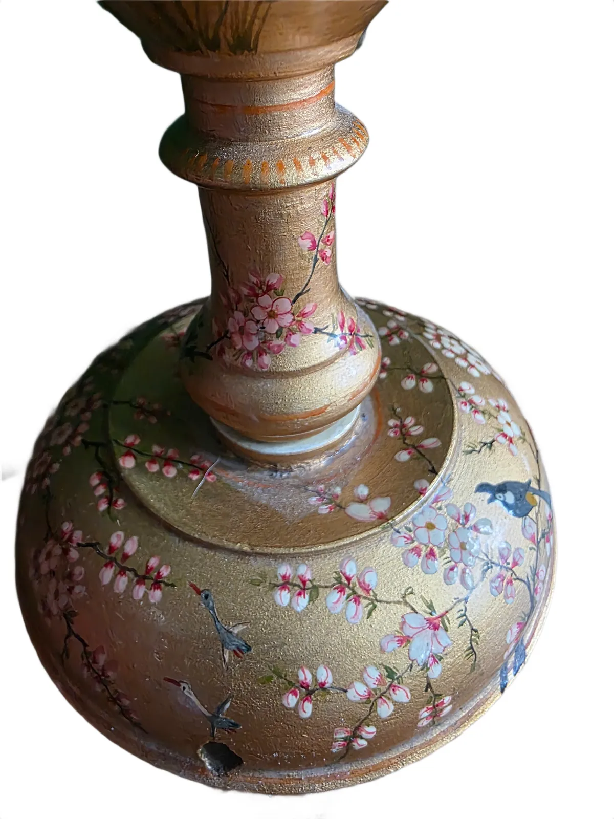 Vintage Early 1900s Kashmiri Hand Painted Candlestick/Lamp Base Pair – Gold Floral & Bird Motif photo for sale