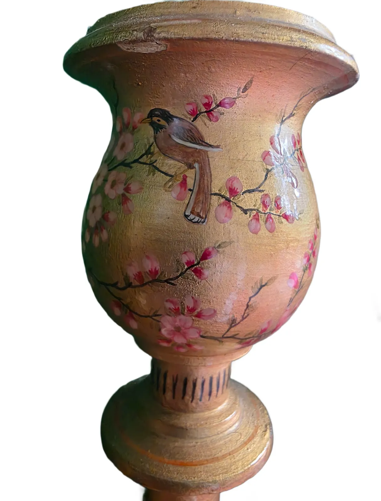 Lighting Vintage Early 1900s Kashmiri Hand Painted Candlestick/Lamp Base Pair – Gold Floral & Bird Motif photo