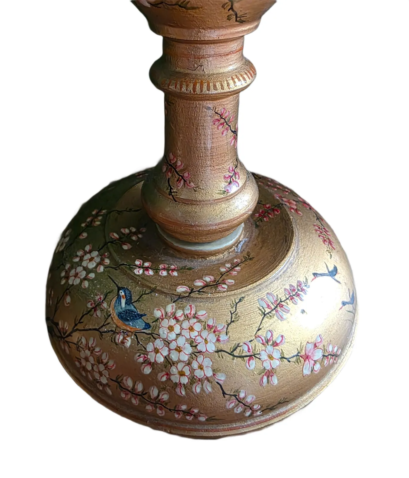 900.0 Vintage Early 1900s Kashmiri Hand Painted Candlestick/Lamp Base Pair – Gold Floral & Bird Motif photo