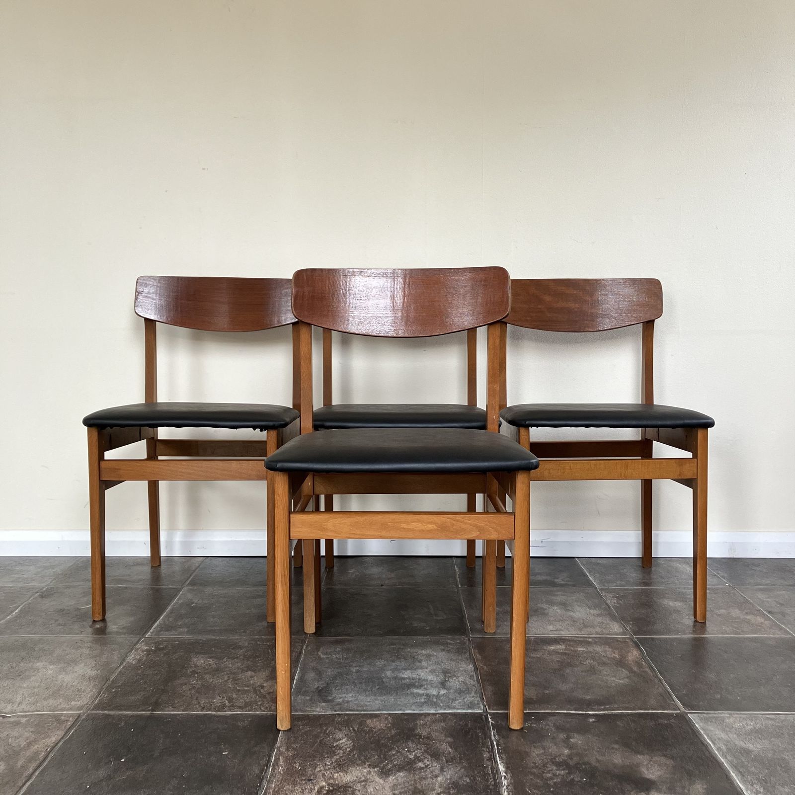Mid Century Teak Dining Chairs By Ligna Of Czechoslovakia: Butterfly Backs, Reupholstered Black Vinyl Leatherette, Set Of 4, 1960's photo furniture