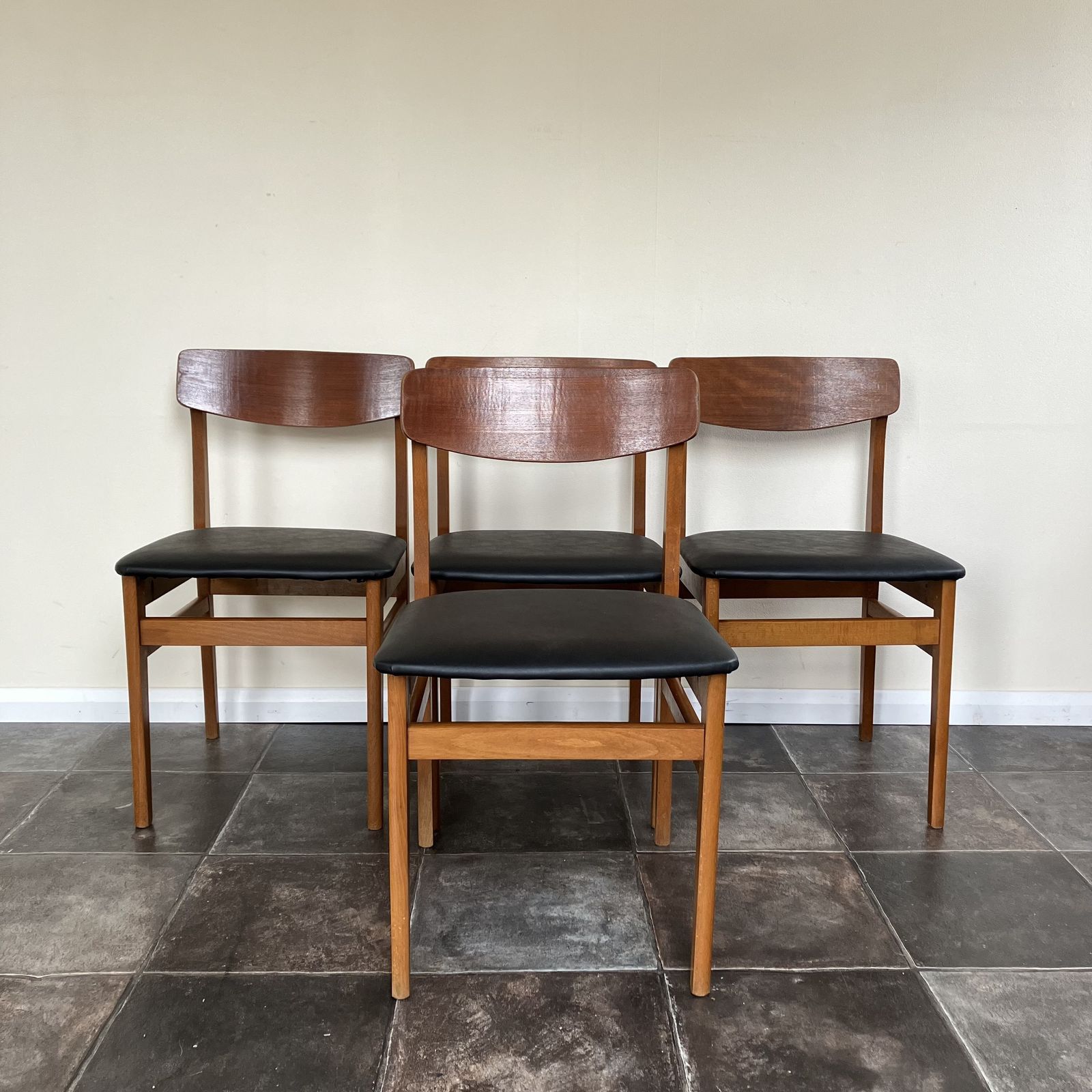 Mid Century Teak Dining Chairs By Ligna Of Czechoslovakia: Butterfly Backs, Reupholstered Black Vinyl Leatherette, Set Of 4, 1960's photo for sale