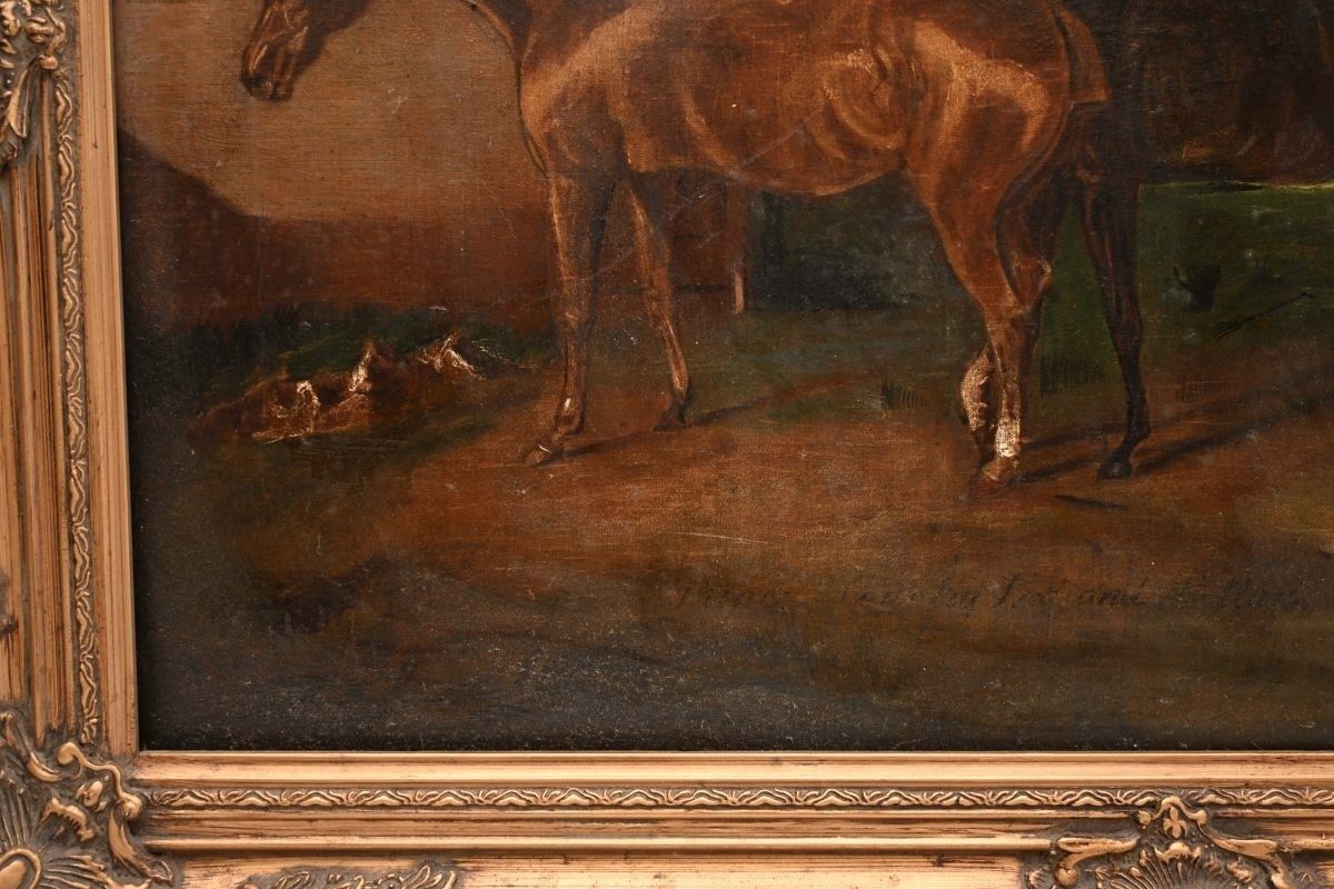 Antique Georgian Period Oil Painting Of Horses photo vintage