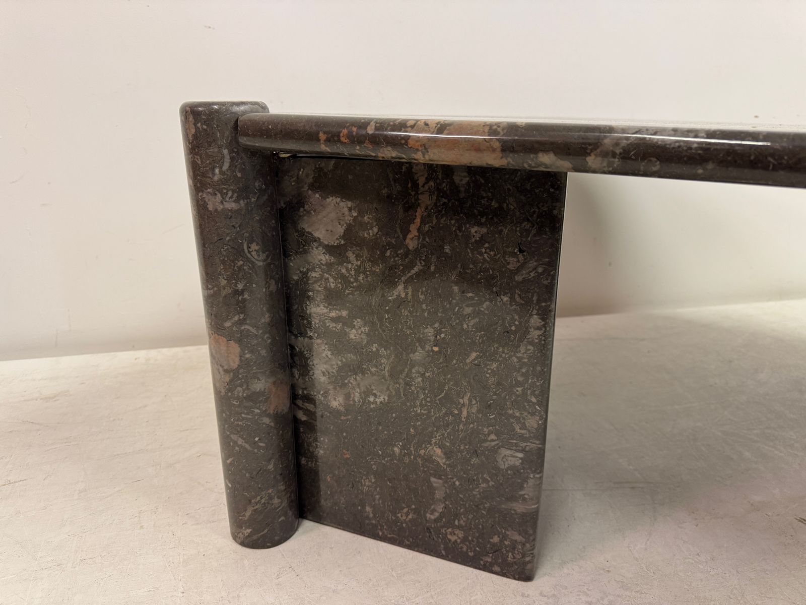 photo for sale 1980s Sculptural Eye Shaped Coffee Table In Fossil Marble