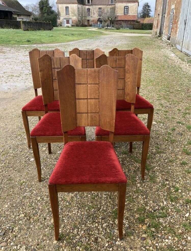 6 Art Deco Chairs With Red Velvet Seat photo for sale