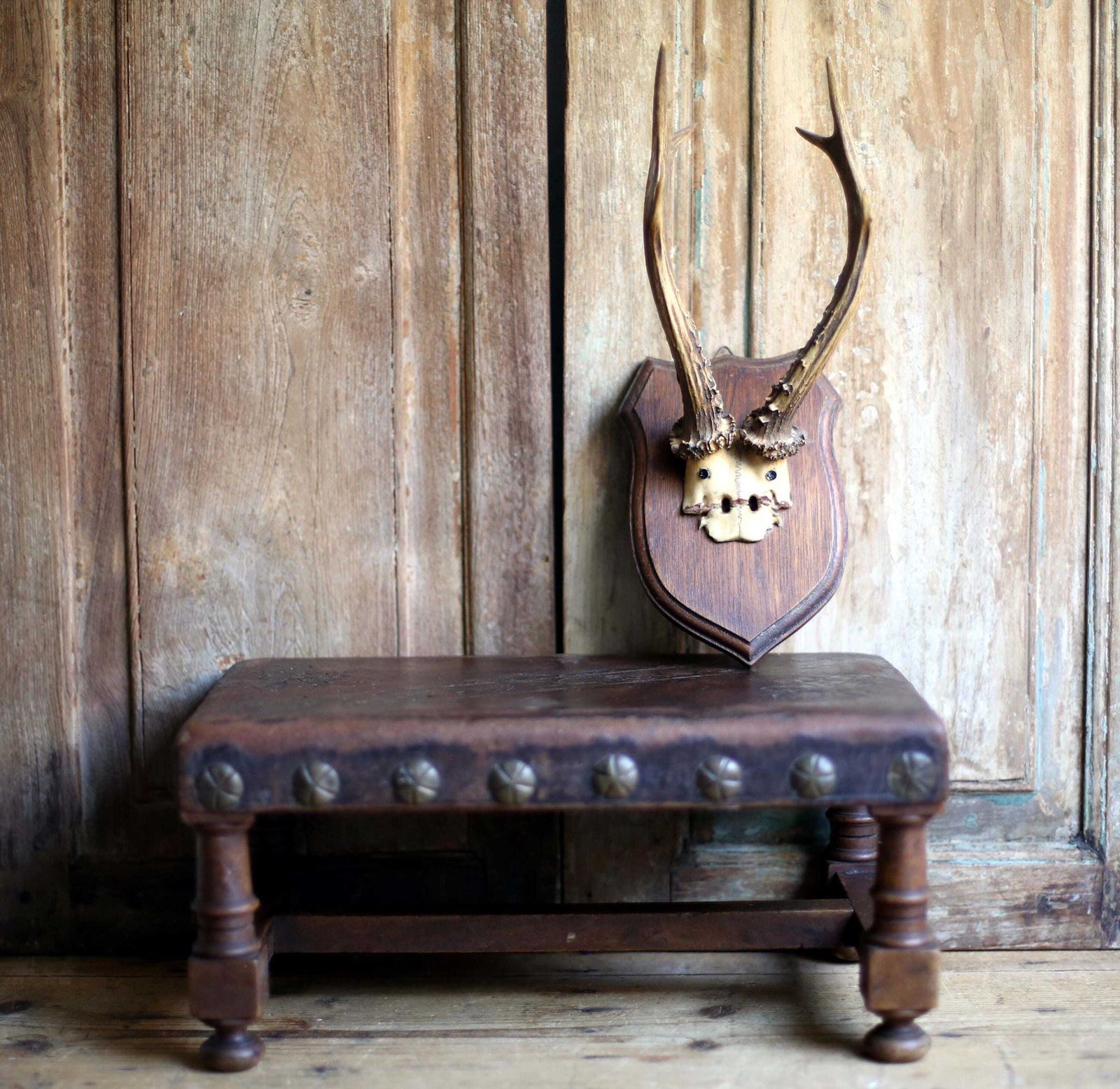 French Antique Foot Stool Cuir De Cordoue Wood And Leather Footstool