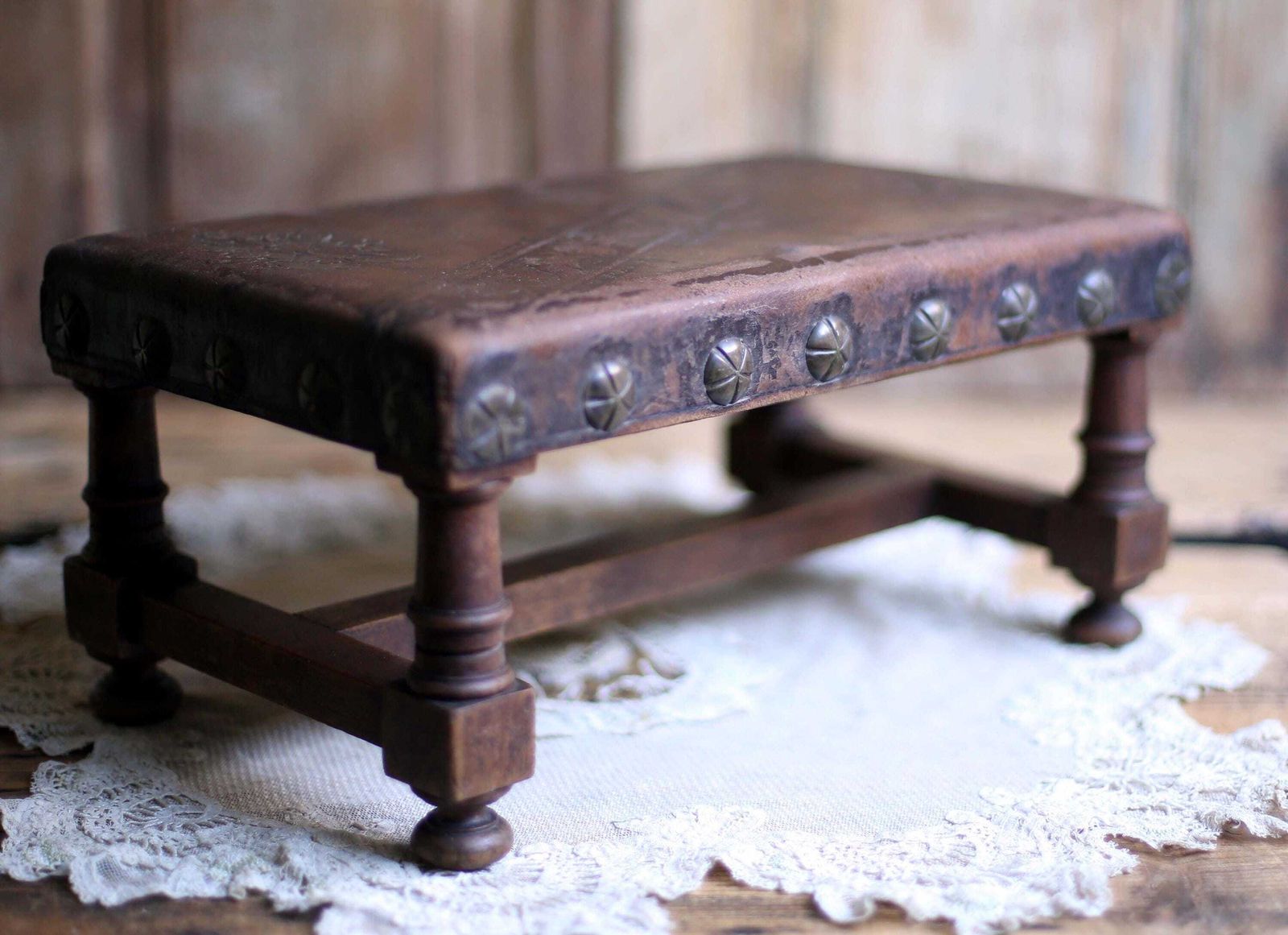 French Antique Foot Stool Cuir De Cordoue Wood And Leather Footstool photo furniture