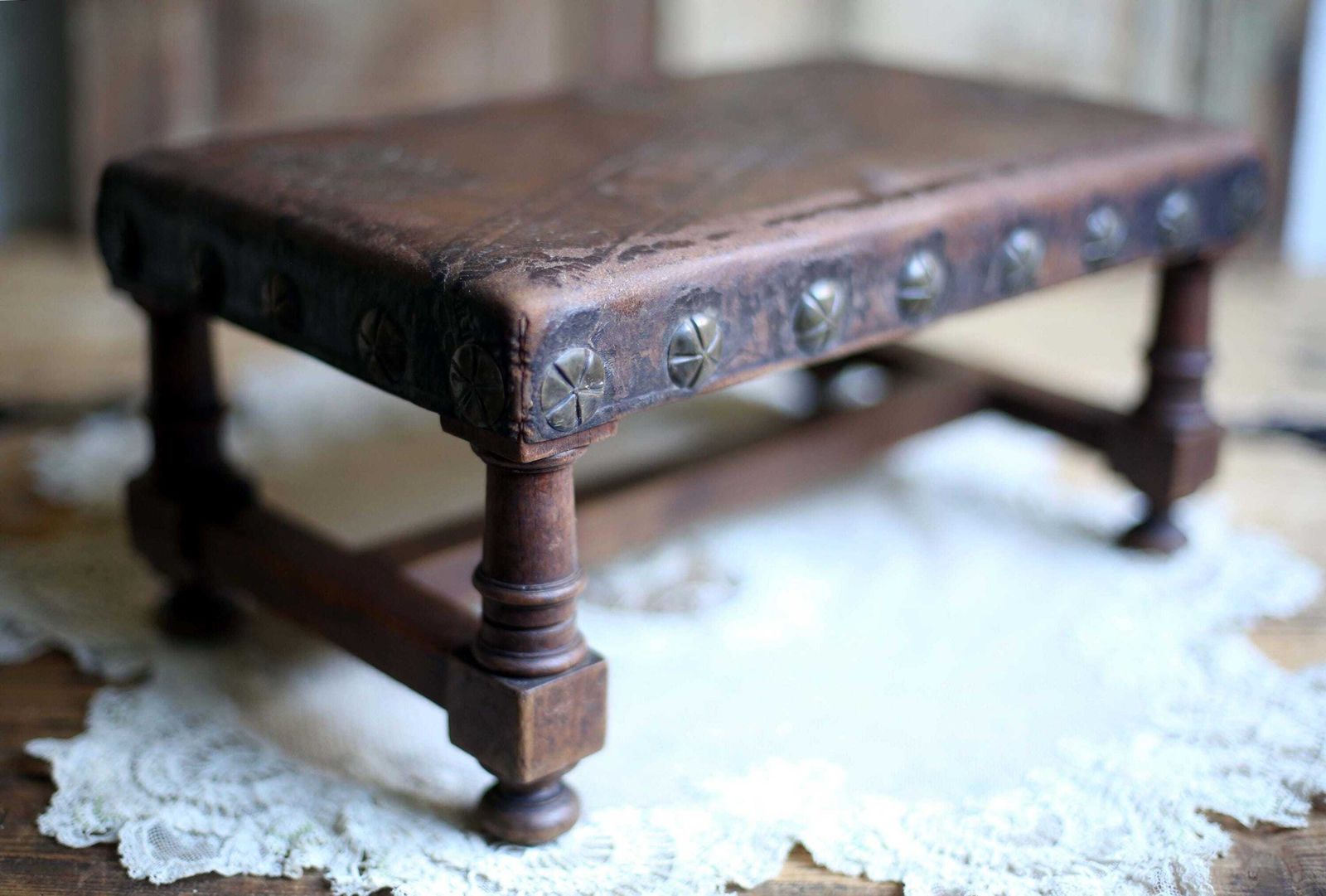 French Antique Foot Stool Cuir De Cordoue Wood And Leather Footstool photo Furniture