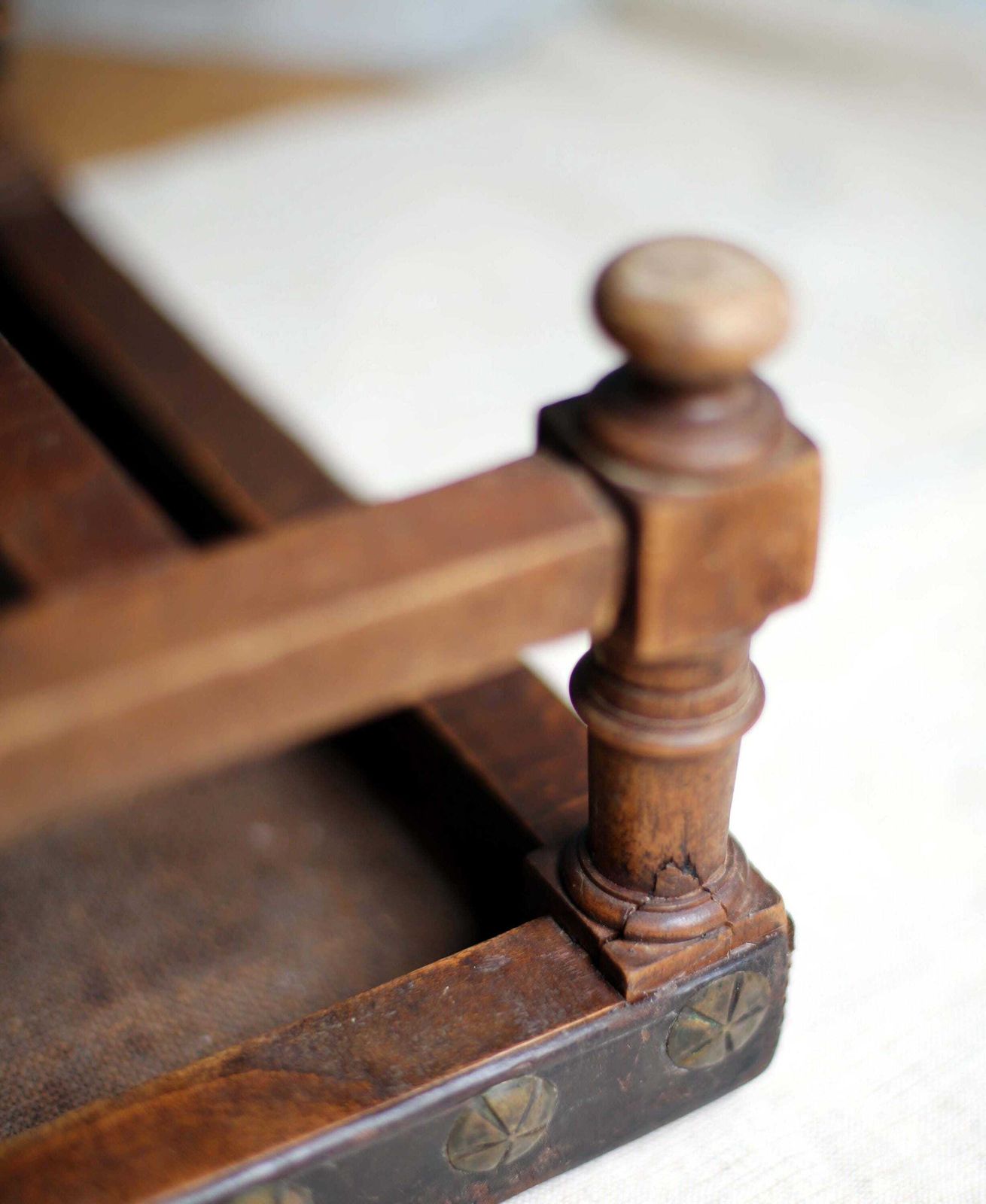 French Antique Foot Stool Cuir De Cordoue Wood And Leather Footstool photo vintage